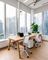 Peaceful Coworking Corner Modern Office Workspace with Large Windows and City Skyline View