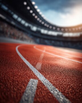 Low angle view of a running track in a stadium with blurred background and crowd, athletic competition venue, sport arena
