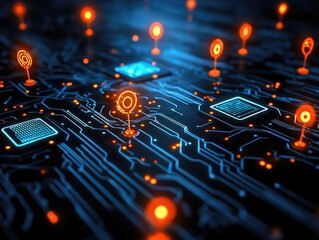 Digital Art of Glowing Data Points and Neural Network Icon on Circuit Board with Blue-Orange Tech Theme, AI Illustration Template for Articles, Presentations, Web Banners, or Data Visualization Projec