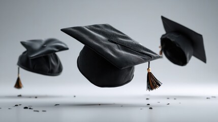 Graduation hats caught mid-fall, clean background 