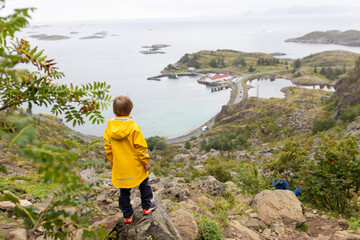Children and adults, happy family with dog, climbing Festvagtinden via Heiavatnet trail in Norway