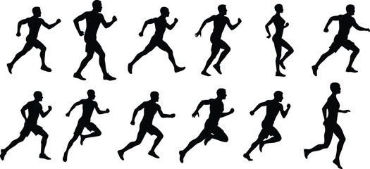 Human running silhouette set on white background, collection of human running various position vector