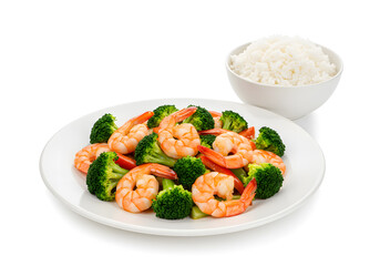 Shrimp and broccoli stir fry with white rice in a bowl.