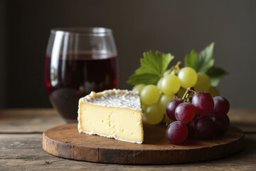 Delicious cheese platter featuring creamy cheese wedge, fresh green and red grapes, and glass of red wine, creating perfect pairing for cozy gathering