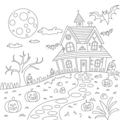 Halloween coloring page featuring a spooky haunted house bats pumpkins full moon and bare tree in a vector outline
