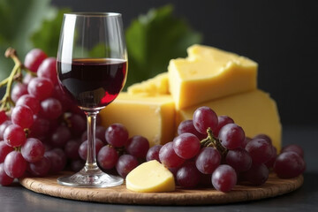 Delicious cheese and red grapes are beautifully arranged on wooden platter, accompanied by glass of red wine, creating perfect pairing for delightful tasting experience