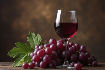 Glass of red wine sits elegantly beside cluster of fresh purple grapes, showcasing rich color against warm, blurred background. scene evokes sense of indulgence and relaxation