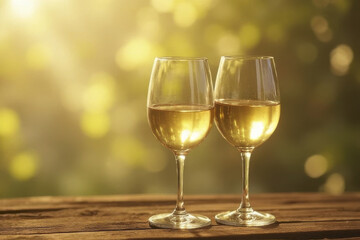 Pair of elegant wine glasses filled with white wine, set against soft, glowing background of blurred greenery. warm sunlight creates serene and inviting atmosphere, perfect for relaxation