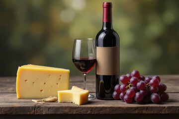 Delicious cheese, red wine, and fresh grapes create perfect pairing for delightful evening. rich colors and textures evoke sense of warmth and indulgence