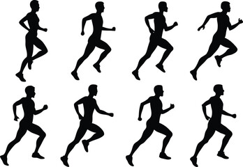 Human running silhouette set on white background, collection of human running various position vector