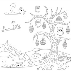Halloween illustration depicting owls in a tree with lanterns and a spooky landscape ready for coloring pages.