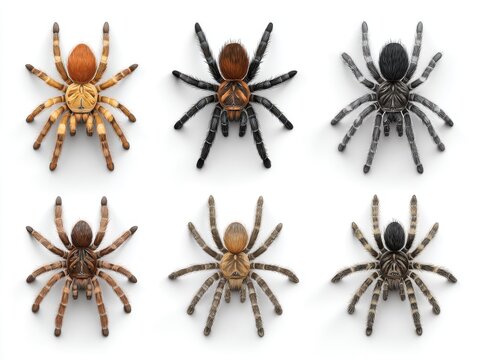 Six tarantulas in a row, diverse colors and patterns, top-down view, studio shot on white background, arachnid diversity