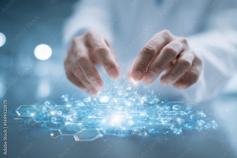 Poster doctor's hands manipulating digital interface holographic display of data network futuristic technol