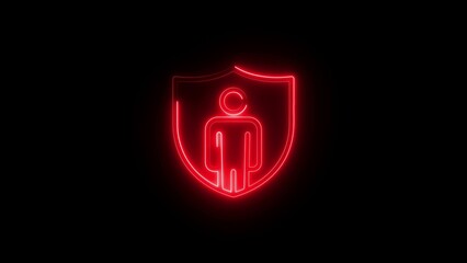 Man in Shield Icon on Black Background, Neon Security and Protection Symbol, Futuristic Personal Defense, Cybersecurity and Safety Concept