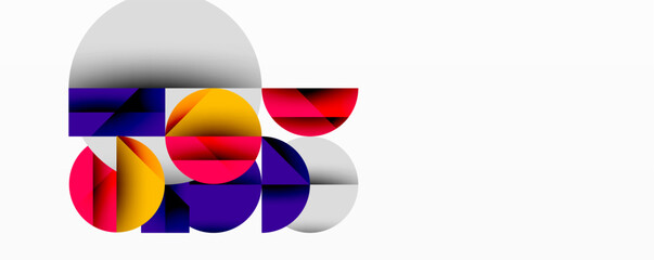 Abstract geometric shapes overlap, creating vibrant color patterns. Circles dominate composition, suggesting movement, depth. Minimalist design.