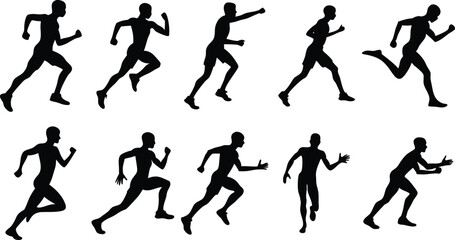 Human running silhouette set on white background, collection of human running various position vector