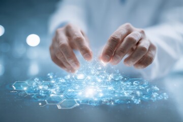 Doctor's hands manipulating digital interface holographic display of data network futuristic technology for healthcare innovation and medicine research in studio