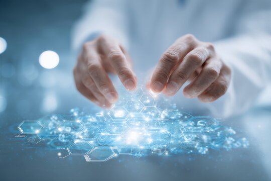 Doctor's hands manipulating digital interface holographic display of data network futuristic technology for healthcare innovation and medicine research in studio