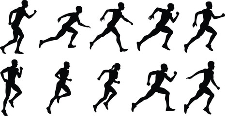 Human running silhouette set on white background, collection of human running various position vector
