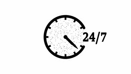24/7 analogue clock icon showing nonstop service concept, round wall clock with hour and minute hands, time management, business support, customer care, and continuous working symbol design
