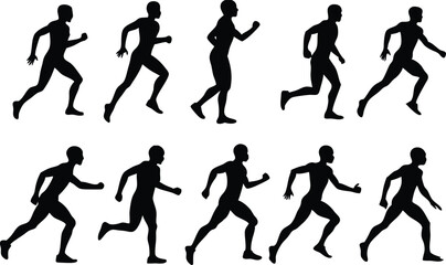 Human running silhouette set on white background, collection of human running various position vector