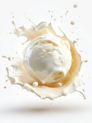 Ice cream scoop in milk splash studio shot on white background food photography close up vanilla flavour dessert