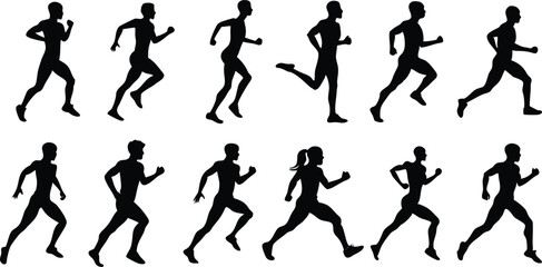 Human running silhouette set on white background, collection of human running various position vector