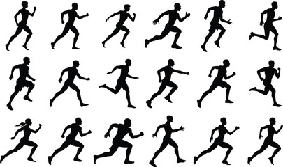 Human running silhouette set on white background, collection of human running various position vector