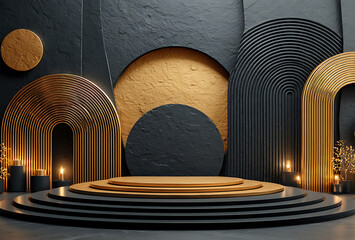 Naklejka premium 3D podium, a luxury background with golden line elements and a round black stage for product presentation