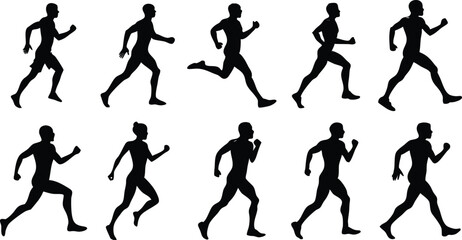 Human running silhouette set on white background, collection of human running various position vector