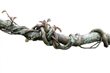 Twisted vine growing on a tree branch isolated against white background close up studio shot nature detail