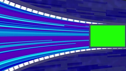 A dynamic blue and purple digital background with motion lines and a prominent green screen placeholder on the right, designed for futuristic video editing or news broadcast