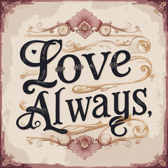 Elegant Love Always Vintage Typography Design Romantic Floral Ornate Frame Grunge Background Textured Antique Style Wedding Decor Beautiful Classic Art Print Perfect Greeting Card Image Design        