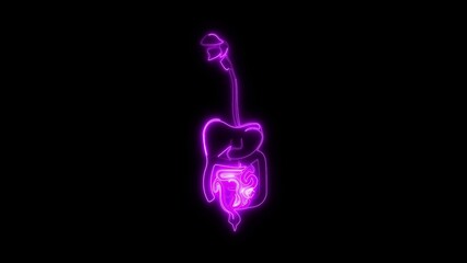 Neon Human Digestive System Glowing Anatomy Illustration, Futuristic Medical Concept, Bright Intestine and Stomach Diagram on Black Background, Sci-Fi Biology