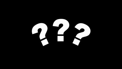 Three glowing question mark icons animation on dark background, symbolizing curiosity, inquiry, confusion, help, mystery, FAQ, support and problem-solving for tech, education, and communication use