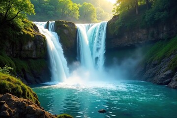 Fototapeta premium Spectacular turquoise waterfall cascading down mossy rocks, creating a vibrant, ethereal scene Sunlight illuminates the spray, highlighting the rich color of the water , vivid, environment, energy