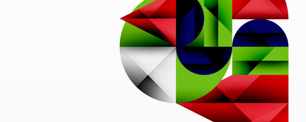 Abstract geometric composition. Shapes overlap, creating dynamic visual effect. Colors include red, green, blue, gray, white. Modern design.