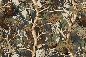 Vector hunting camouflage pattern. Seamless pattern. Digital camouflage. Abstract. Real tree pattern. Forest background. Jungle pattern.