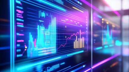 Analyzing Stock Market Data Displayed on Neon Illuminated Digital Screens