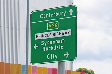 Street sign on the Princess Highway pointing to Rockdale, Sydenham, Canterbury and the city