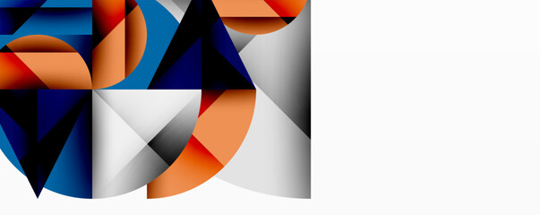 Abstract geometric shapes overlap, creating dynamic composition. Orange, blue, gray tones dominate design. Modern aesthetic.