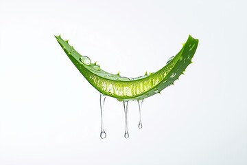 Naklejka premium A single aloe vera leaf suspended in midair, diagonally placed against a pure white background. The cut end of the leaf is pointing forward, with clear aloe gel visibly oozing from the exposed interio