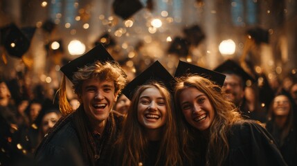 Group of friends celebrating graduation, hats tossed up 