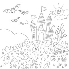 Spooky halloween scene featuring a castle with bats flying and smiling sun line art for coloring fun.