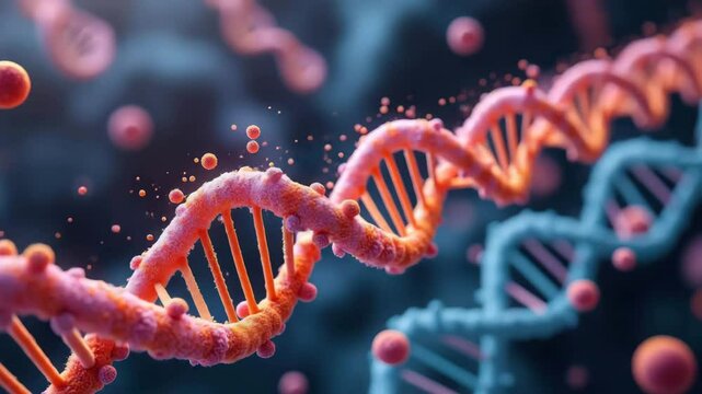 A cluster of replication bubbles on a long DNA strand, illustrating genetic processes in molecular biology.