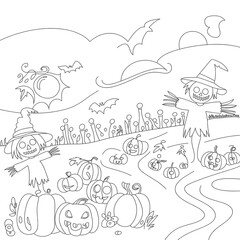 Naklejka premium Spooky halloween scene featuring scarecrows pumpkins bats and a witch hat perfect for coloring or halloween themed designs