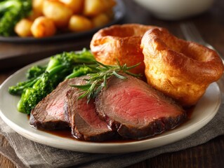 Close-up of Roast Beef Dinner with Yorkshire Puddings and Broccoli on Plate in Studio Lighting