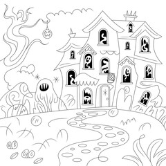 Spooky haunted house illustration with ghosts pumpkin lantern and winding path perfect for halloween coloring or decor