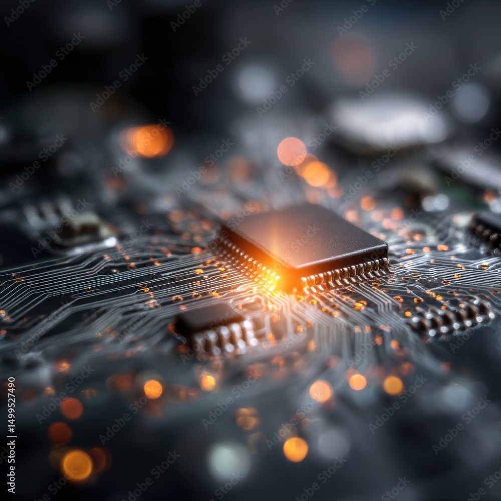 Aufkleber macro shot of a modern computer chip on a circuit board with glowing connections and intricate detai