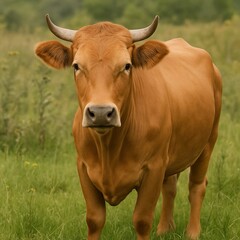 A brown cow is in the middle of the meadow. The cow is light reddish brown with protruding horns.